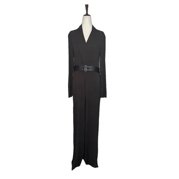 Lauren Ralph Lauren Black Label L Belted Stretch Jersey Wide Leg Jumpsuit Brown - Picture 2 of 9